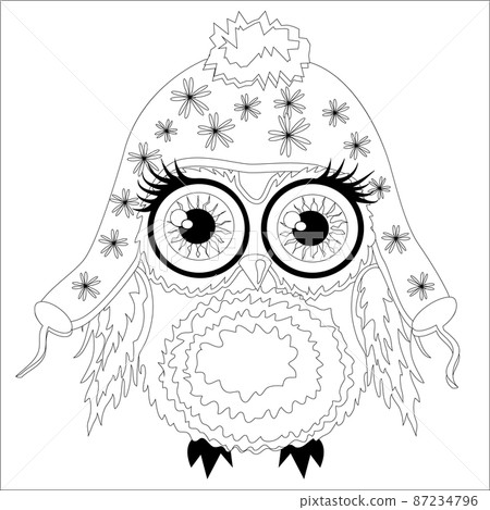 Coloring book for adult and older children. Coloring page with cute owl. Outline drawing Coloring book for adult and older children. Coloring page with cute owl. Outline drawing 87234796