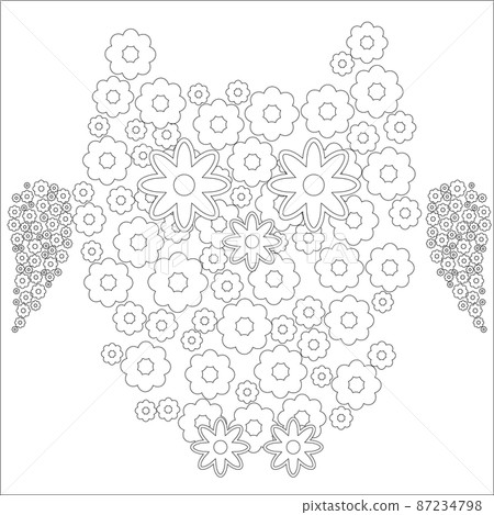 Coloring book for adult and older children. Coloring page with cute owl and flowers. Outline drawing Coloring book for adult and older children. Coloring page with cute owl and flowers. Outline drawing 87234798
