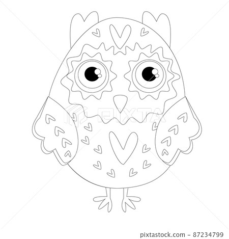 Coloring book for adult and older children. Coloring page with cute owl. Outline drawing Coloring book for adult and older children. Coloring page with cute owl. Outline drawing 87234799