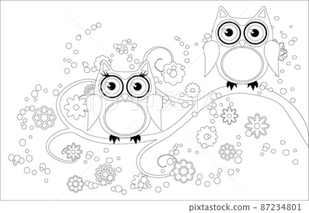 Coloring book for adult and older children. Coloring page with cute owl and flowers. Outline drawing Coloring book for adult and older children. Coloring page with cute owl and flowers. Outline drawing 87234801