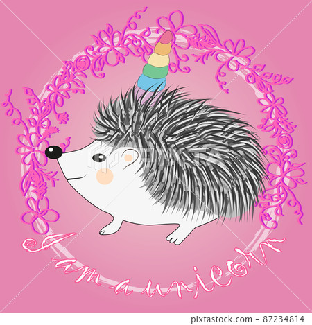 A cute cartoon hedgehog with a unicorn horn. Concept everyone can be a unicorn A cute cartoon hedgehog with a unicorn horn. Concept everyone can be a unicorn 87234814