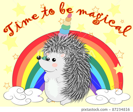 A cute cartoon hedgehog with a unicorn horn on a rainbow. Concept everyone can be a unicorn A cute cartoon hedgehog with a unicorn horn on a rainbow. Concept everyone can be a unicorn 87234816