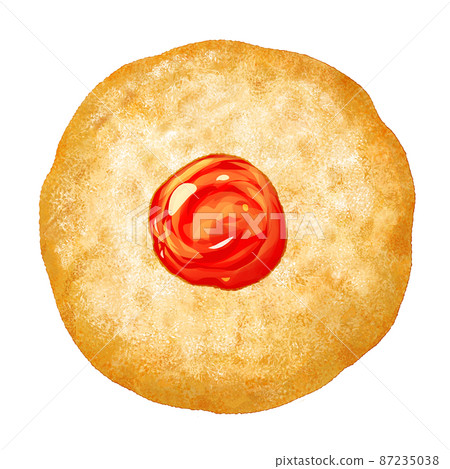 Illustration of homemade cookie with red drain cherry Illustration of homemade cookie with red drain cherry 87235038