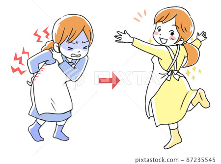 Illustration of a woman suffering from stiff shoulders and back pain and a woman who is in a good mood after recovering 87235545