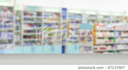 Pharmacy table banner background. Blur counters of pharmacy with medicines, tablets and pills. 87235907