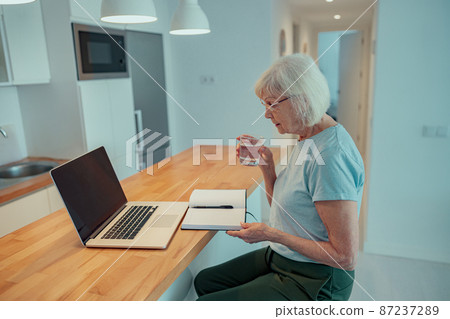 Old lady using laptop while sitting at home Old lady using laptop while sitting at home 87237289