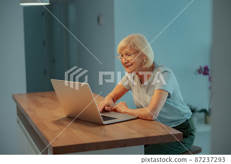 Senior woman using laptop while sitting at home Senior woman using laptop while sitting at home 87237293