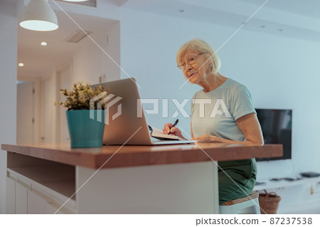 Senior woman looking at laptop screen indoors 87237538