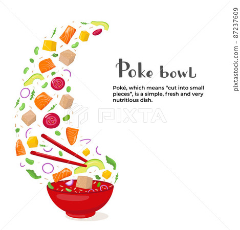 Flying poke bowl ingredients with hand written lettering and text. Healthy food concept. Vector stock illustration for banner, menu fast food restaurant, isolated on chalkboard background. EPS10 Flying poke bowl ingredients with hand written lettering and text. Healthy food concept. Vector stock illustration for banner, menu fast food restaurant, isolated on chalkboard background. EPS10 87237609