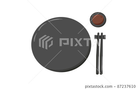 Soy sauce in black bowl plate with chopsticks. Vector stock illustration isolated on white background for Asian cuisine template. EPS10 Soy sauce in black bowl plate with chopsticks. Vector stock illustration isolated on white background for Asian cuisine template. EPS10 87237610