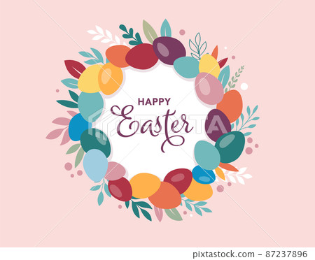 Happy Easter banner, poster, greeting card. Trendy Easter design with typography, bunnies, flowers 87237896