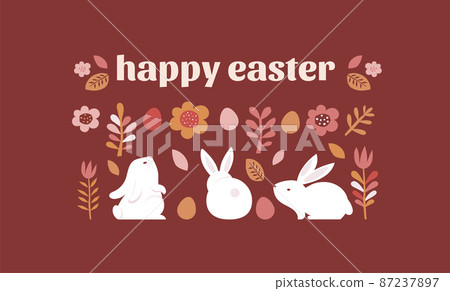 Happy Easter banner, poster, greeting card. Trendy Easter design with typography, bunnies, flowers 87237897