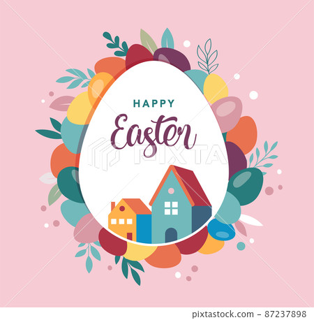 Happy Easter banner, poster, greeting card. Trendy Easter design with typography, bunnies, flowers 87237898