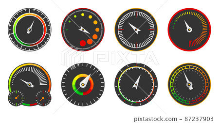 Speedometer dashboard interface indicator flat set. Speed transport measurement traffic load progress panel sticker symbol driving power. Race download internet technology icon isolated on white 87237903