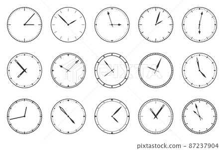Dial clock face watch time circle black line set. Simple modern wall wrist clock classic bezel unnumbered minute second hand template management office deadline time measurement mockup isolated white 87237904