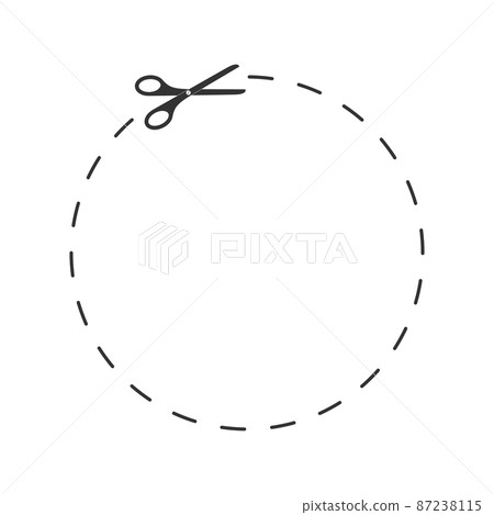 Scissors cutting dotted lined round shape. Cut here sign for label, discount coupon, voucher, promo code. Vector outline illustration 87238115