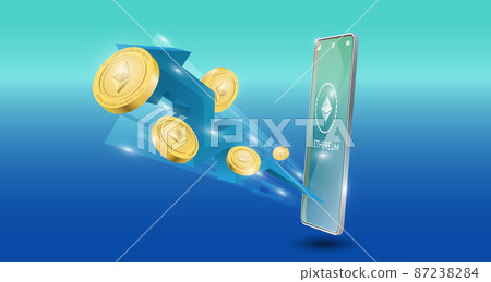 blockchain technology concept with uptrend blue arrow with cardano coin background. Realistic vector illustration. blockchain technology concept with uptrend blue arrow with cardano coin background. Realistic vector illustration. 87238284
