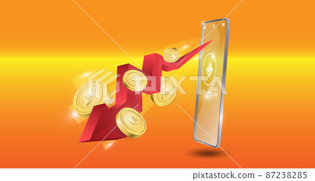 blockchain technology concept with downtrend red arrow with cardano coin background. Realistic vector illustration. blockchain technology concept with downtrend red arrow with cardano coin background. Realistic vector illustration. 87238285