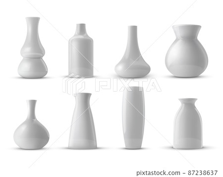 Realistic collection of white ceramic porcelain vase. 3d ceramic glossy pot set. 87238637