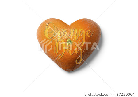 Realistic heart-shaped orange with calyx with Orange Day logo, 87239064