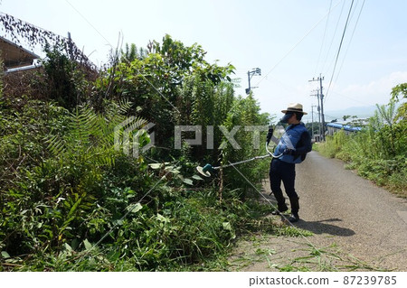 Weeding work along the road, a man mowing grass 87239785