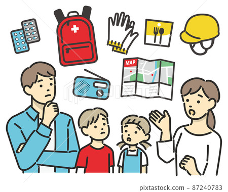 考慮防災用品/應急用品/防災用品/隨身攜帶袋的家庭矢量插圖素材 87240783