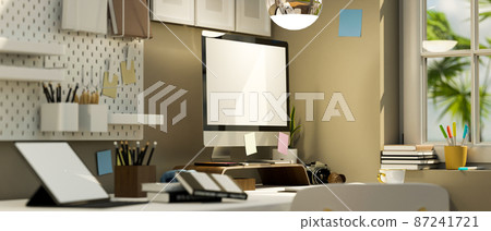 Modern office studio workspace with pc computer mockup Modern office studio workspace with pc computer mockup 87241721