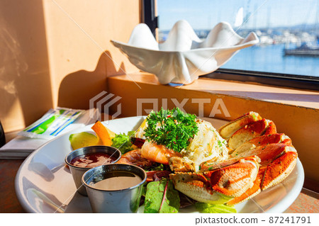 Close up shot of steamed crab and shrimp Close up shot of steamed crab and shrimp 87241791