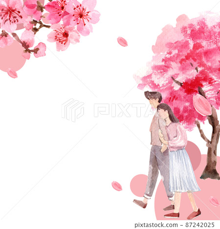 Family picnic in spring park with blooming cherry trees.watercolor frame 87242025