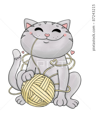 Funny grey cat with ball of yarn Funny grey cat with ball of yarn 87243215