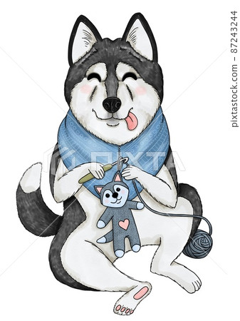 Cute dog - husky crocheting a husky toy Cute dog - husky crocheting a husky toy 87243244
