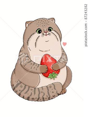 Cute little manul, cat with red strawberry Cute little manul, cat with red strawberry 87243282
