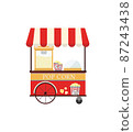 Popcorn cart carnival store isolated on white background. Amusement park food market. Flat vector 87243438