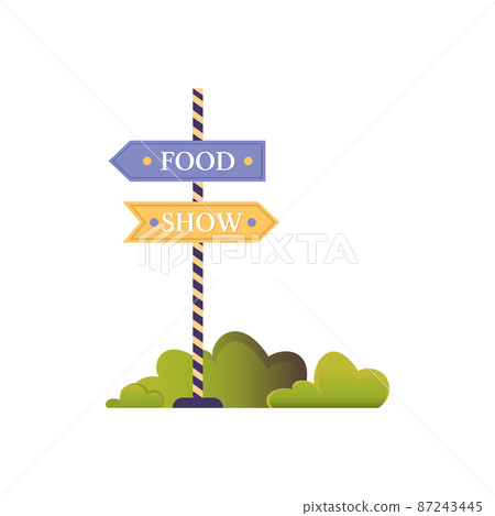 Carnival signpost with text in the bushes. Flat illustration isolated on white background. Amusement 87243445