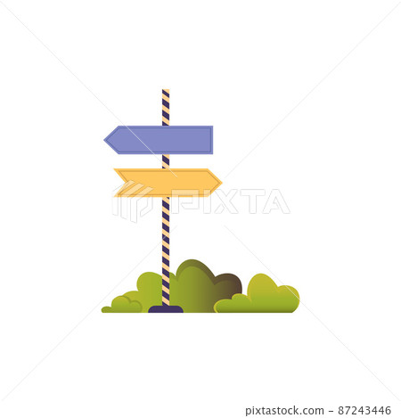 Signpost in the bushes. Flat illustration isolated on white background. Amusement park concept. Signpost in the bushes. Flat illustration isolated on white background. Amusement park concept. 87243446