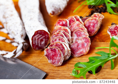 Sliced spanish sausage fuet Sliced spanish sausage fuet 87243448
