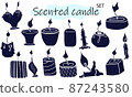 A set of scented candles with a burning fire. Candles for interior, lighting and romantic dates. Aromatherapy. Vector illustration in solid monochrome design on a white background. 87243580