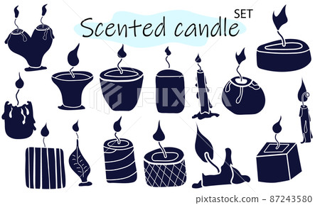 A set of scented candles with a burning fire. Candles for interior, lighting and romantic dates. Aromatherapy. Vector illustration in solid monochrome design on a white background. 87243580