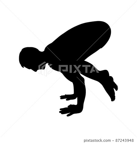 Yogi man silhouette in crow pose or Bakasana. Yoga hand stand for strength improvement. Vector illustration 87243948