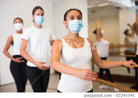 Group of multiethnic female dancers training in masks during COVID-19 pandemic 87245545