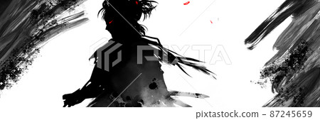 Hand-painted illustration of a paper-cutting young samurai facing a sword fight 87245659