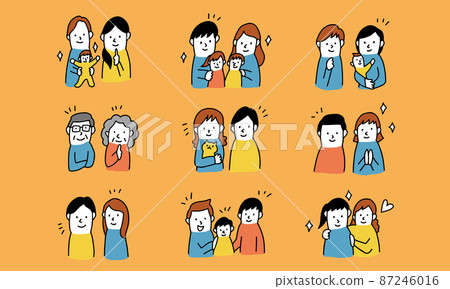 具有積極面部表情的各種家庭和家庭的插圖圖標 87246016