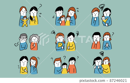 Illustration icons of various families / households with negative facial expressions that have worries, concerns, problems, etc. 87246021