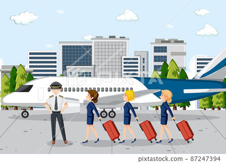 Airport scene with aircrews in cartoon style Airport scene with aircrews in cartoon style 87247394