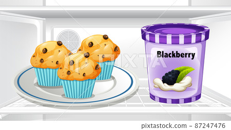 Muffins and blackberry yogurt in the fridge 87247476
