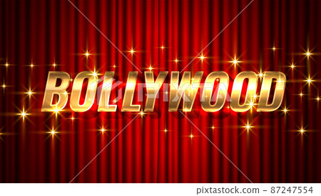bollywood indian cinema sparkling text on red curtain background 87247554