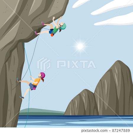 Rock climbing scene with woman on the cliff 87247889