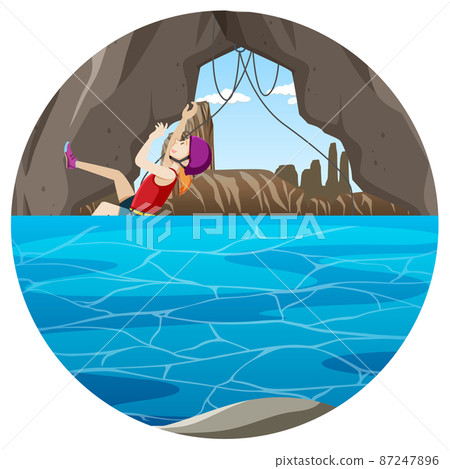 Scene with people climbing rocky moutain on circle artboard Scene with people climbing rocky moutain on circle artboard 87247896