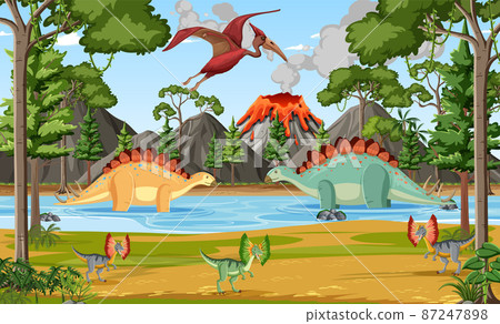 Dinosaur in prehistoric forest scene 87247898