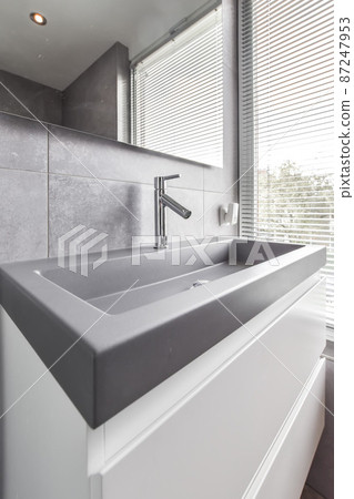 Bathroom with sink and panoramic window in gray style 87247953